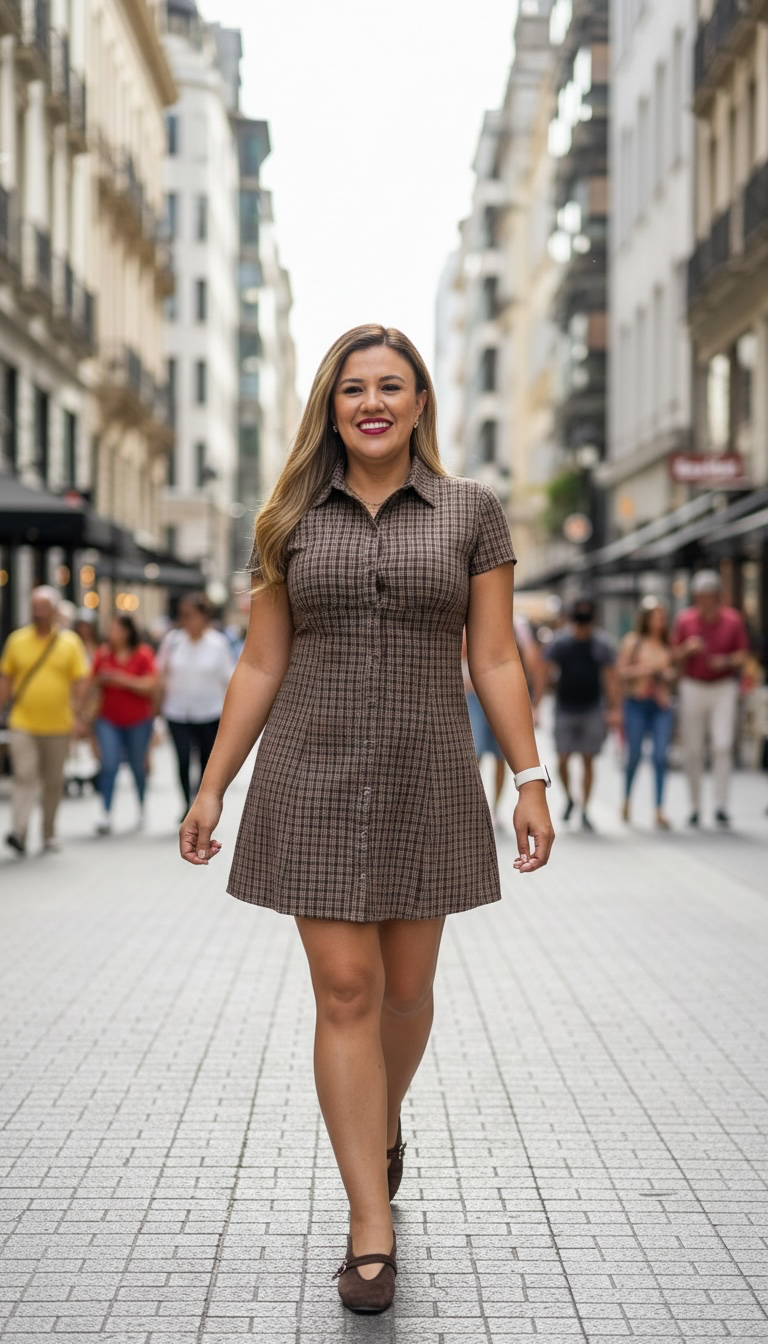 Vestido Corto de Manga Corta Tonos Cafés Estampado a Cuadros
